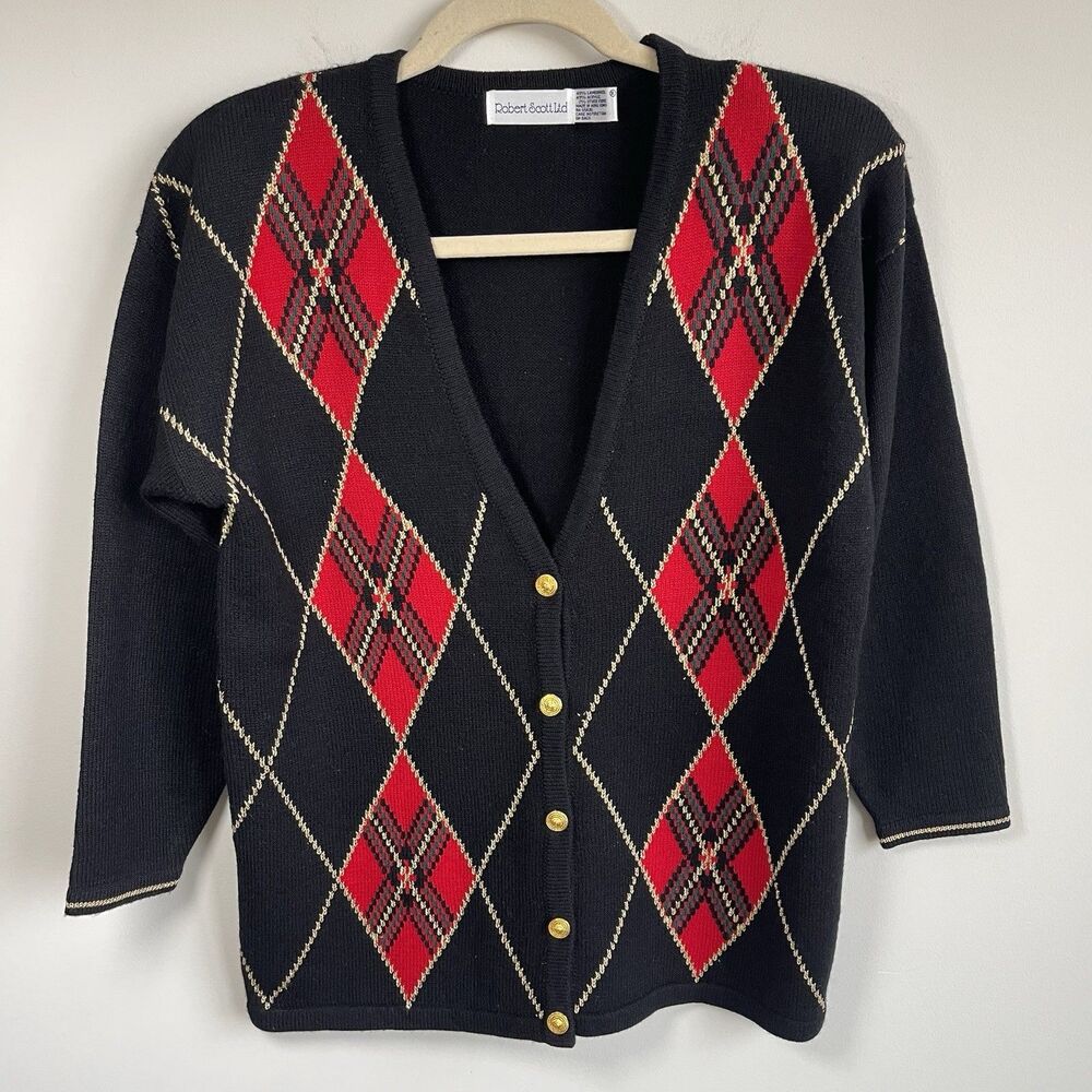 Vintage Robert Scott Women's‎ XL Lambswool Blend Argyle Cardigan Sweater Preppy